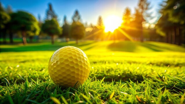 Vibrant yellow golf ball rests on lush green grass, surrounded by gentle shadows, awaiting its next swing on a sunny day at the course.