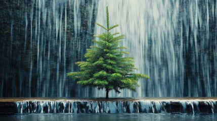 A Tiny Pine Tree Against a Blurred Waterfall