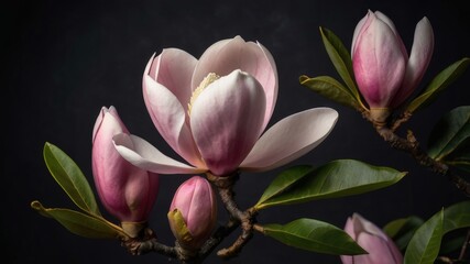 Pink magnolia flowers with white gradient on black background