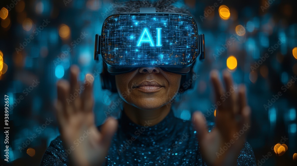 Poster a person in a vr headset interacts with ai and holograms, showing the use of technology in business