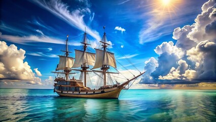 Vintage tall ship with billowing sails and intricate wooden hull navigates through calm turquoise waters under a bright blue sky with fluffy white clouds.