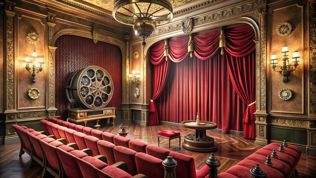 Vintage-style cinema interior with ornate decorations, faded red velvet curtains, and classic film projectors, evoking a nostalgic atmosphere of a bygone era.