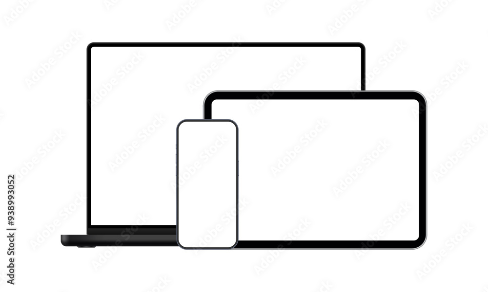 Poster black laptop with smartphone and tablet computer. devices mockups with blank screens. vector illustr