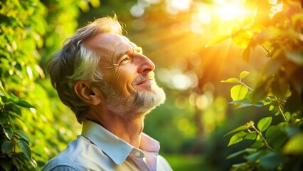 Warm sunlight casts a gentle glow on a mature adult's face, surrounded by lush greenery, conveying a sense of relaxation and joy in the summer season.