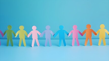 A chain of colorful paper cut out humans holding hands on a blue studio background. Row of diverse people help, family union connection  