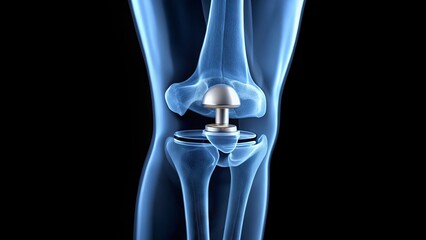 X-ray of artificial knee joint implant in human leg, showing metallic prosthesis and bone integration, with surrounding tissue and ligaments for medical illustration.