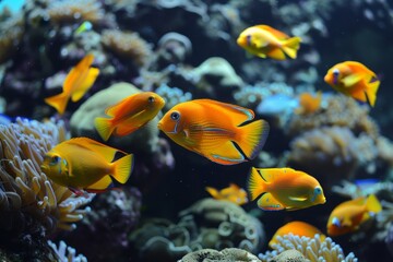 Bright orange fish navigate the coral reef while sunlight streams through the clear ocean water, showcasing marine life
