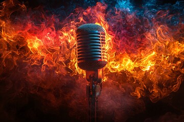 Dynamic microphone engulfed in colorful flames, perfect for Halloween-themed designs and events, with copy space.