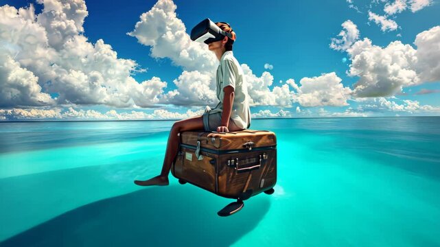 A young man wearing VR glasses sits on the edge of an old wooden suitcase floating in clear blue water.