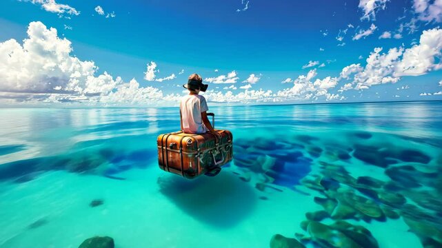 A young man wearing VR glasses sits on the edge of an old wooden suitcase floating in clear blue water.
