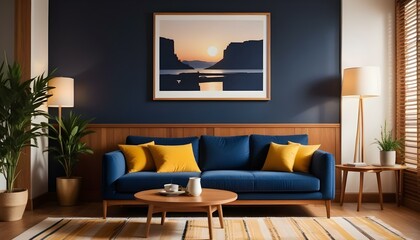 Interior mockup In a white room a blue sofa is placed next to a photo frame on the wall