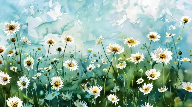 A field of white daisies in a watercolor style.