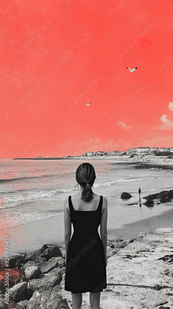 Wall mural Silhouetted Woman at Beach with Vibrant Sky