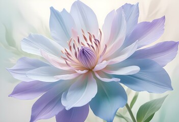 Obraz premium Abstract image of a flower in soft pastel colors, flowing, translucent petals with a blend of light pink, blue, and lavender hues, white background, centered composition