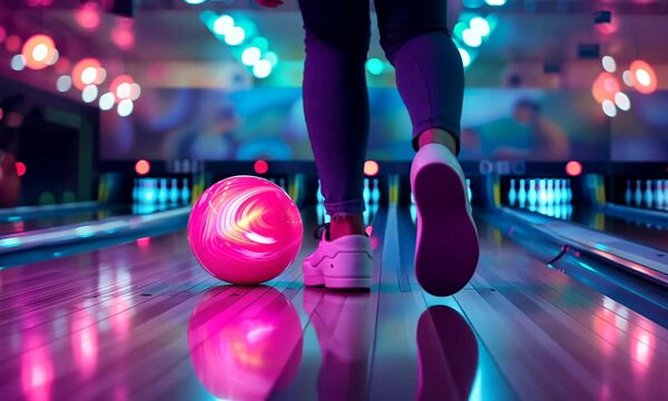 Woman's legs in white sneakers on a bowling lane, a pink bowling ball in the foreground, neon lights and pins in the background.