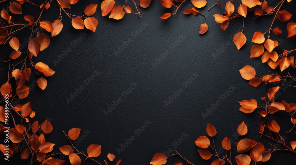 Poster rectangular arch, frame of branches and leaves autumn theme on a dark background, presentation of a 