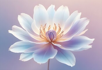 Abstract image of a flower in soft pastel colors, flowing, translucent petals with a blend of light pink, blue, and lavender hues, white background, centered composition