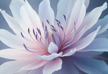 Obraz premium Abstract image of a flower in soft pastel colors, flowing, translucent petals with a blend of light pink, blue, and lavender hues, white background, centered composition