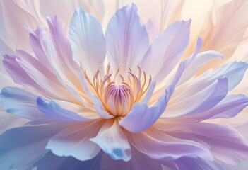 Fototapeta premium Abstract image of a flower in soft pastel colors, flowing, translucent petals with a blend of light pink, blue, and lavender hues, white background, centered composition