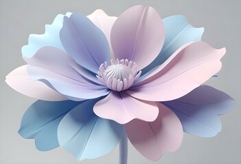 Fototapeta premium Abstract image of a flower in soft pastel colors, flowing, translucent petals with a blend of light pink, blue, and lavender hues, white background, centered composition