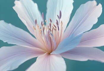 Abstract image of a flower in soft pastel colors, flowing, translucent petals with a blend of light pink, blue, and lavender hues, white background, centered composition