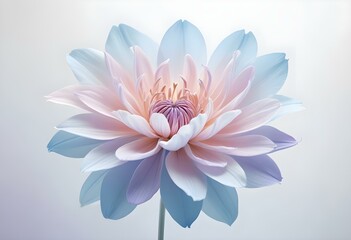 Abstract image of a flower in soft pastel colors, flowing, translucent petals with a blend of light pink, blue, and lavender hues, white background, centered composition