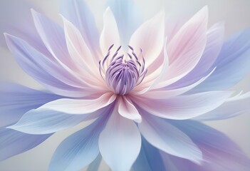 Fototapeta premium Abstract image of a flower in soft pastel colors, flowing, translucent petals with a blend of light pink, blue, and lavender hues, white background, centered composition