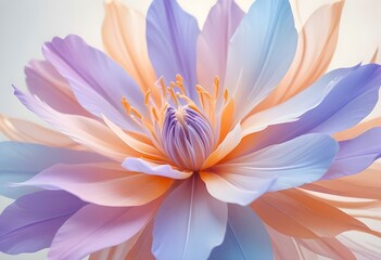 Abstract image of a flower in soft pastel colors, flowing, translucent petals with a blend of light pink, blue, and lavender hues, white background, centered composition