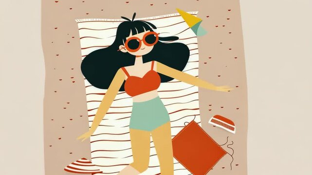 Flat vector illustration of a girl sunbathing on the beach, with a simple design in a minimalistic style.