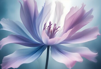 Fototapeta premium Abstract image of a flower in soft pastel colors, flowing, translucent petals with a blend of light pink, blue, and lavender hues, white background, centered composition