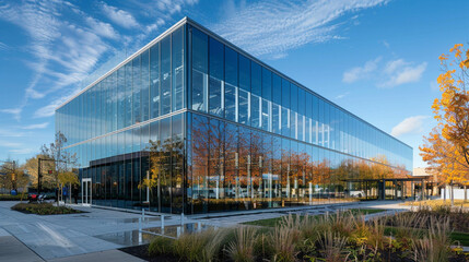 Obraz premium A glass-and-steel office building with a reflective surface, capturing the surrounding environment