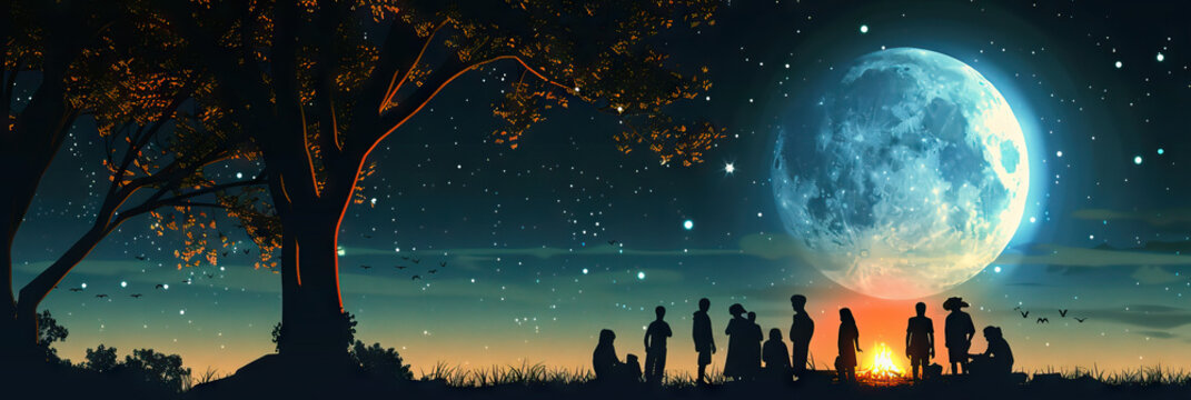 Moonlit Majesty: A group of people gathered around a campfire, silhouetted by the bright moon.