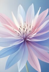 Abstract image of a flower in soft pastel colors, flowing, translucent petals with a blend of light pink, blue, and lavender hues, white background, centered composition