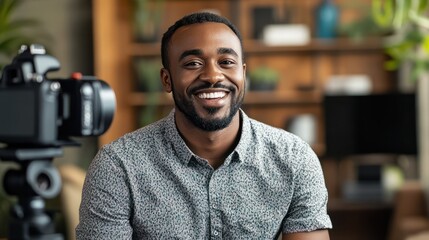 Smiling Man Being Interviewed on Camera. Cheerful man in a casual shirt sitting for an on-camera interview in a cozy room, giving a sense of approachability and openness.