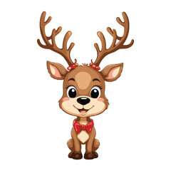 Adorable Sitting Reindeer with Red Bowtie and Antlers