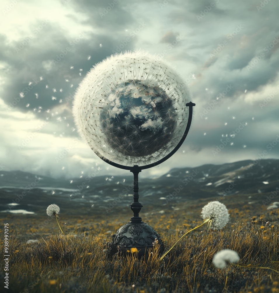 Poster a globe-shaped earth, its surface covered in fluffy dandelions, sits on the edge of a vast meadow un