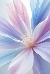 Abstract image of a flower in soft pastel colors, flowing, translucent petals with a blend of light pink, blue, and lavender hues, white background, centered composition