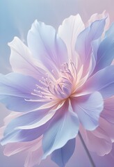 Abstract image of a flower in soft pastel colors, flowing, translucent petals with a blend of light pink, blue, and lavender hues, white background, centered composition