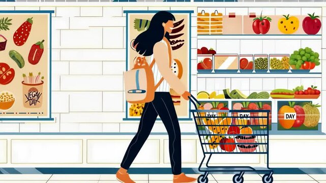 A flat vector illustration of an adult vegan woman with her shopping cart walking in the supermarket.