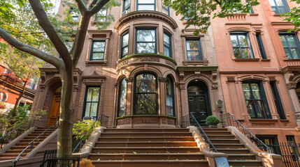 A classic American brownstone building, with a stoop and large front windows
