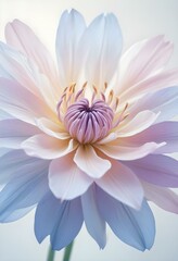 Fototapeta premium Abstract image of a flower in soft pastel colors, flowing, translucent petals with a blend of light pink, blue, and lavender hues, white background, centered composition