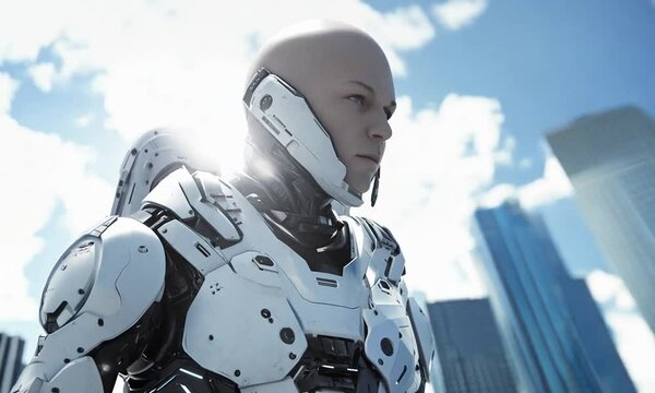 A futuristic cyborg with a serious expression stands in a modern city.