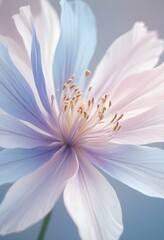 Abstract image of a flower in soft pastel colors, flowing, translucent petals with a blend of light pink, blue, and lavender hues, white background, centered composition