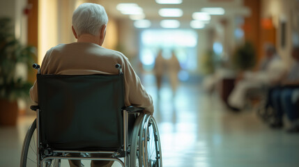Obraz premium Disabled elderly man in wheelchair in hospital or nursing home. Rear view, elderly person with Alzheimer's or Parkinson's disease lonely. Elderly care and assistance, copy space.