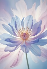 Obraz premium Abstract image of a flower in soft pastel colors, flowing, translucent petals with a blend of light pink, blue, and lavender hues, white background, centered composition