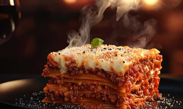 A steaming dish of lasagna with a glass of red wine