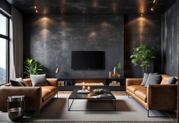 Modern interior of a living room. Penthouse Loft with dark stone walls (3d Rendering)