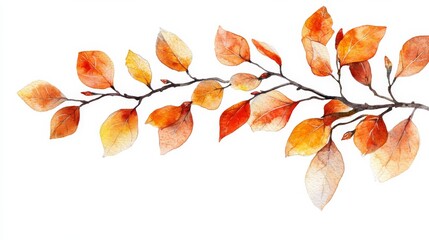 A beautifully detailed watercolor illustration showcases a branch adorned with vibrant autumn leaves in shades of orange and yellow, set against a pristine white background