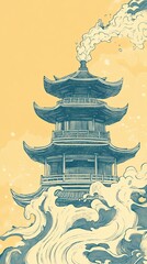 Artistic Pagoda with Flowing Waves and Smoke Effects