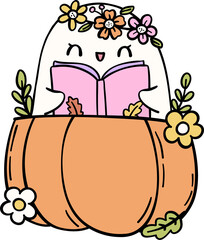 Bookish Ghost Reading Pastel Halloween Trendy Retro Groovy Cartoon Doodle